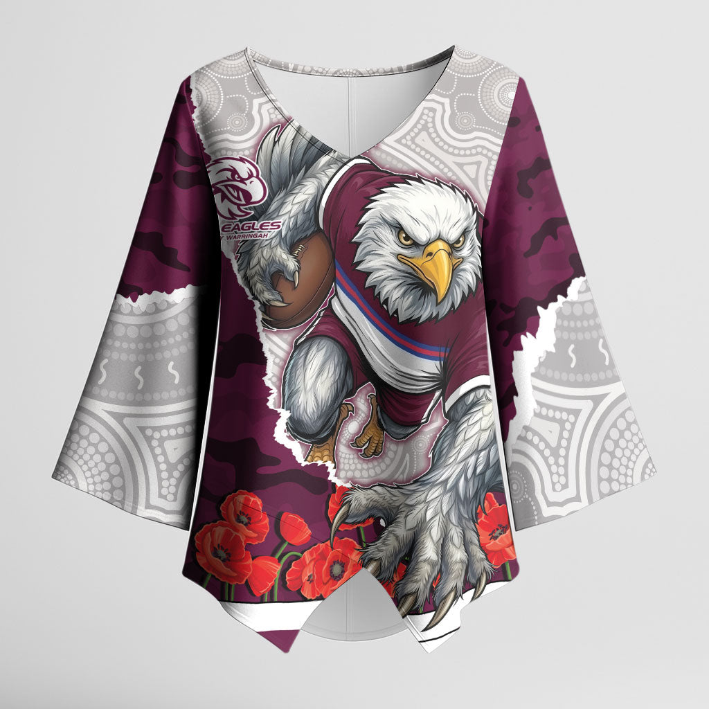 Personalized Sea Eagles ANZAC Tribute Kimono Sleeve Blouse Poppy Field Soldier Silhouette Aboriginal Rugby Mascot