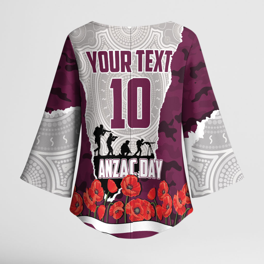 Personalized Sea Eagles ANZAC Tribute Kimono Sleeve Blouse Poppy Field Soldier Silhouette Aboriginal Rugby Mascot