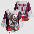 Personalized Sea Eagles ANZAC Tribute Kimono Sleeve Blouse Poppy Field Soldier Silhouette Aboriginal Rugby Mascot