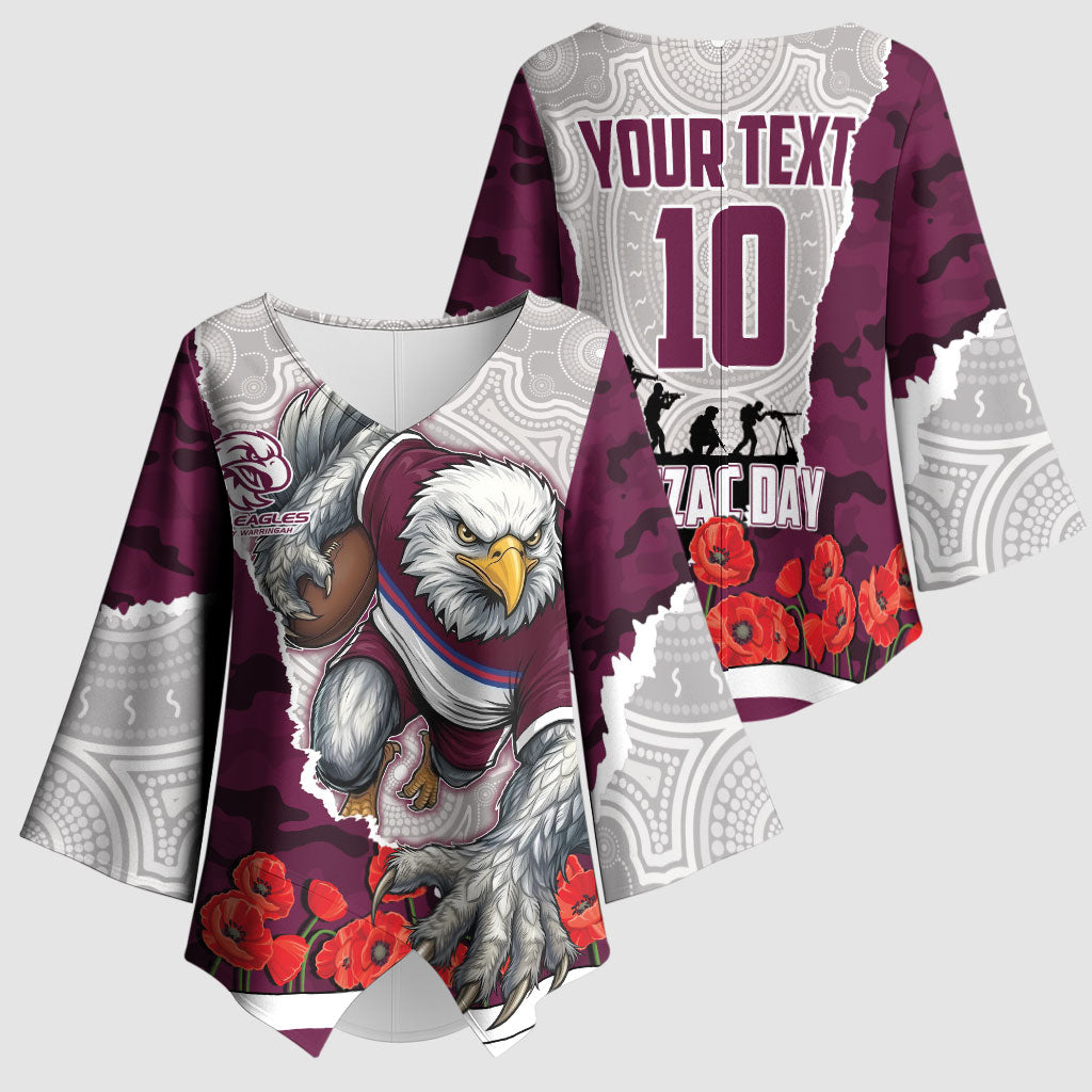 Personalized Sea Eagles ANZAC Tribute Kimono Sleeve Blouse Poppy Field Soldier Silhouette Aboriginal Rugby Mascot