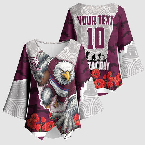Personalized Sea Eagles ANZAC Tribute Kimono Sleeve Blouse Poppy Field Soldier Silhouette Aboriginal Rugby Mascot