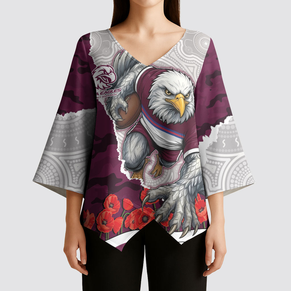 Personalized Sea Eagles ANZAC Tribute Kimono Sleeve Blouse Poppy Field Soldier Silhouette Aboriginal Rugby Mascot