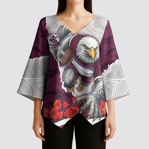 Personalized Sea Eagles ANZAC Tribute Kimono Sleeve Blouse Poppy Field Soldier Silhouette Aboriginal Rugby Mascot