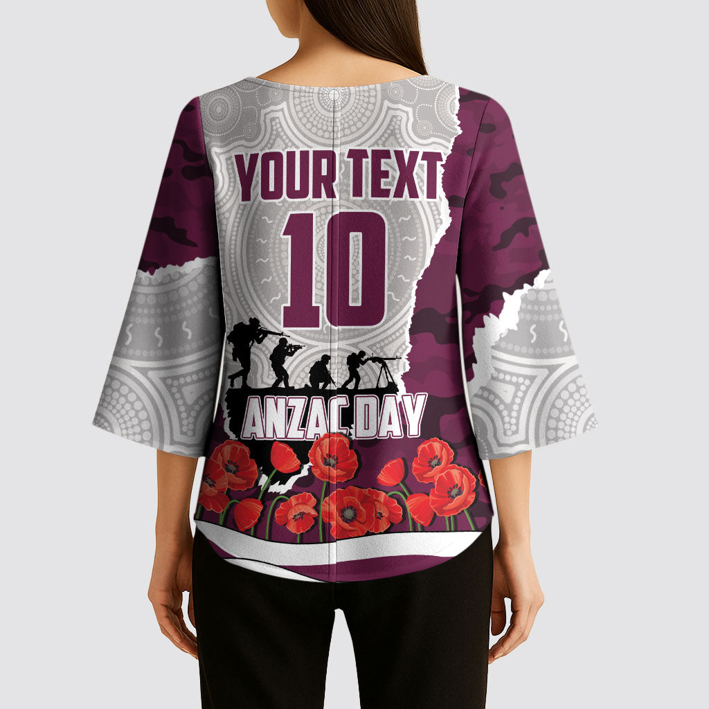 Personalized Sea Eagles ANZAC Tribute Kimono Sleeve Blouse Poppy Field Soldier Silhouette Aboriginal Rugby Mascot