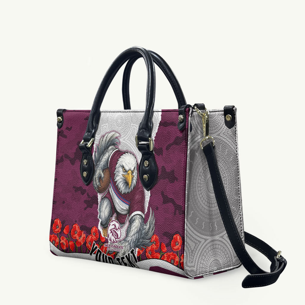Personalized Sea Eagles ANZAC Tribute Leather Bag Poppy Field Soldier Silhouette Aboriginal Rugby Mascot