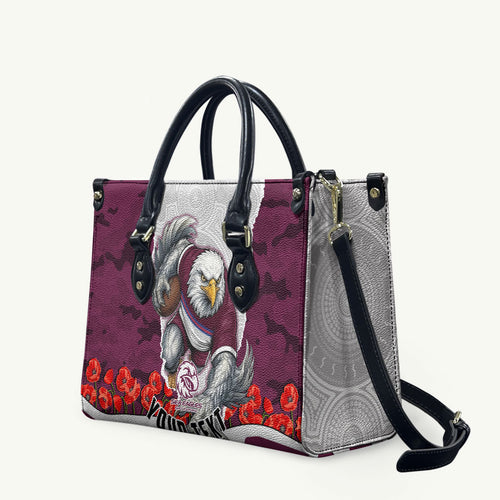 Personalized Sea Eagles ANZAC Tribute Leather Bag Poppy Field Soldier Silhouette Aboriginal Rugby Mascot