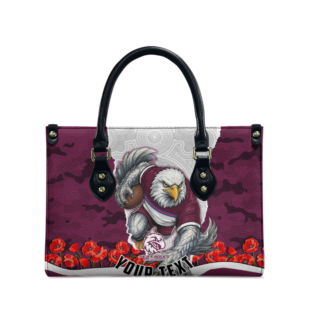 Personalized Sea Eagles ANZAC Tribute Leather Bag Poppy Field Soldier Silhouette Aboriginal Rugby Mascot