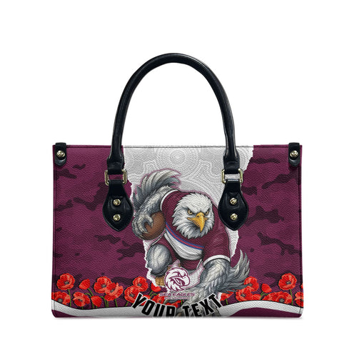 Personalized Sea Eagles ANZAC Tribute Leather Bag Poppy Field Soldier Silhouette Aboriginal Rugby Mascot