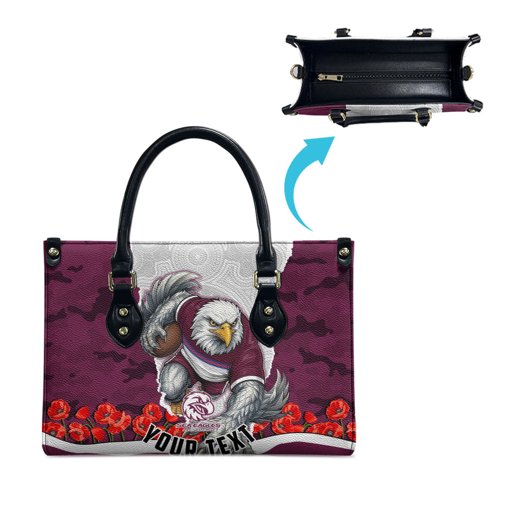 Personalized Sea Eagles ANZAC Tribute Leather Bag Poppy Field Soldier Silhouette Aboriginal Rugby Mascot