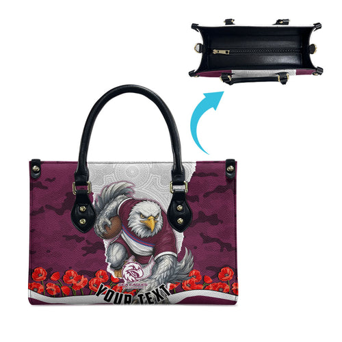 Personalized Sea Eagles ANZAC Tribute Leather Bag Poppy Field Soldier Silhouette Aboriginal Rugby Mascot