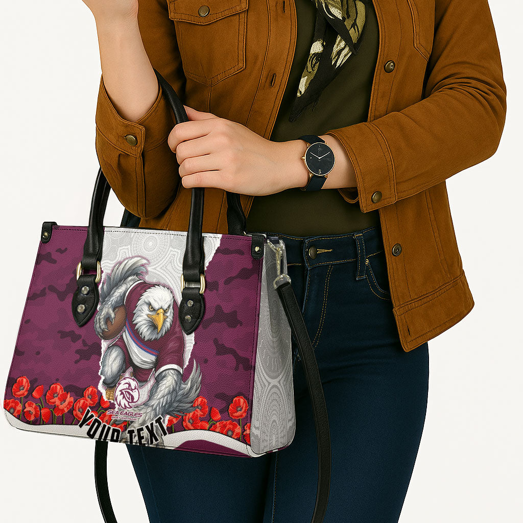 Personalized Sea Eagles ANZAC Tribute Leather Bag Poppy Field Soldier Silhouette Aboriginal Rugby Mascot