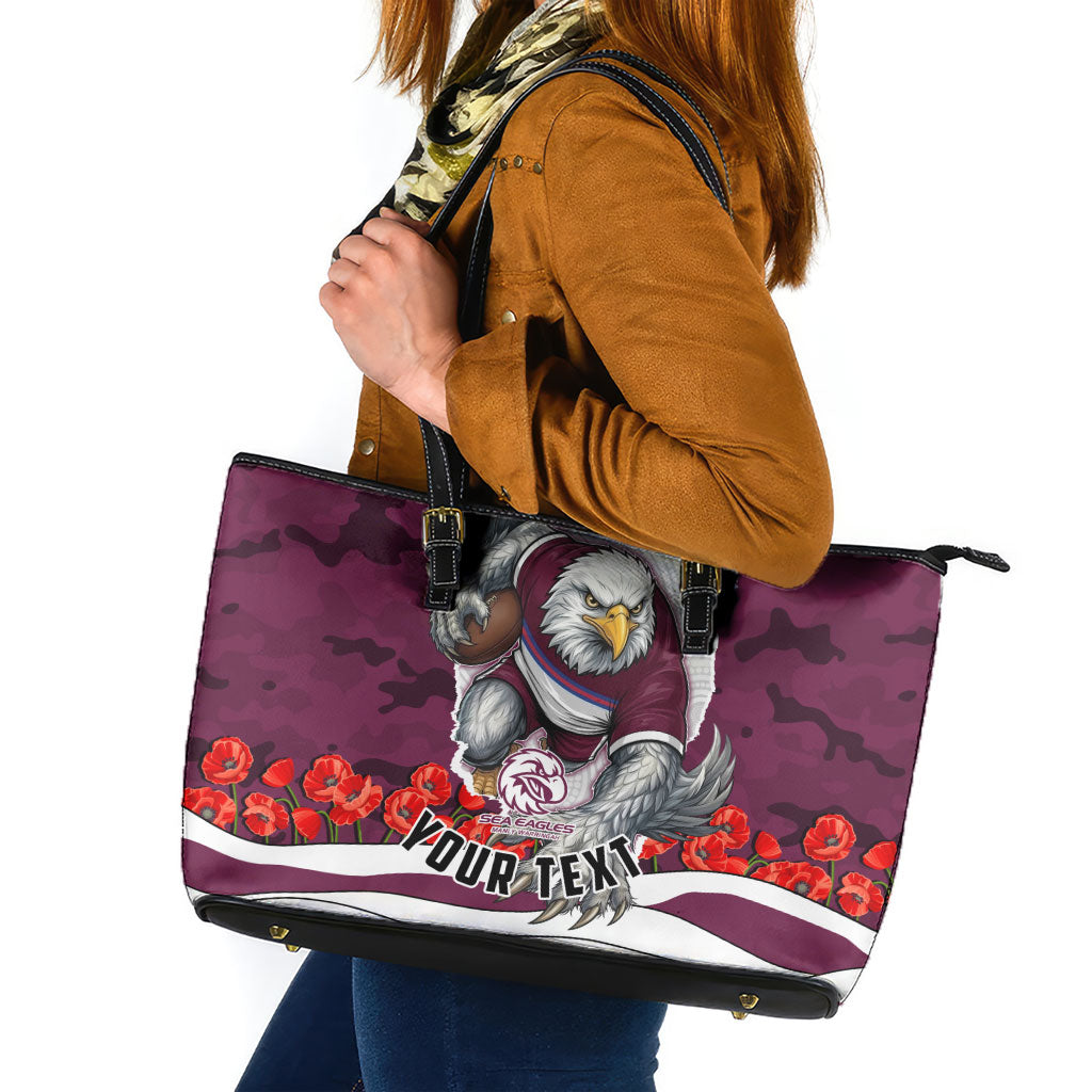 Personalized Sea Eagles ANZAC Tribute Leather Tote Bag Poppy Field Soldier Silhouette Aboriginal Rugby Mascot
