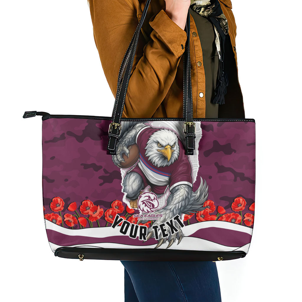 Personalized Sea Eagles ANZAC Tribute Leather Tote Bag Poppy Field Soldier Silhouette Aboriginal Rugby Mascot