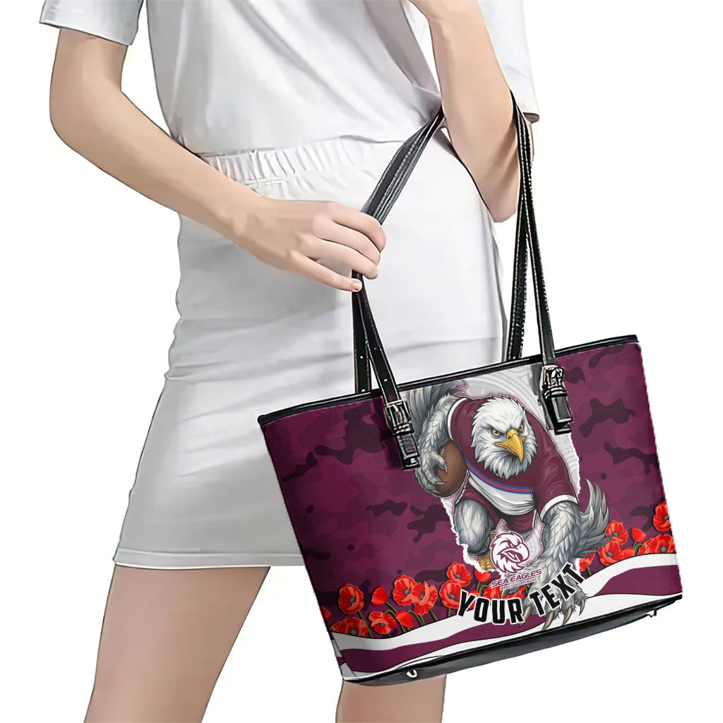 Personalized Sea Eagles ANZAC Tribute Leather Tote Bag Poppy Field Soldier Silhouette Aboriginal Rugby Mascot