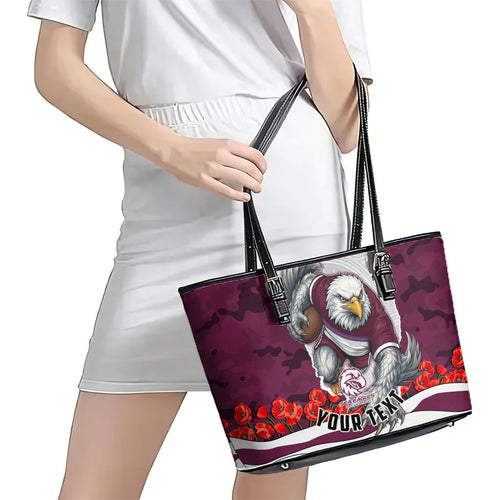 Personalized Sea Eagles ANZAC Tribute Leather Tote Bag Poppy Field Soldier Silhouette Aboriginal Rugby Mascot