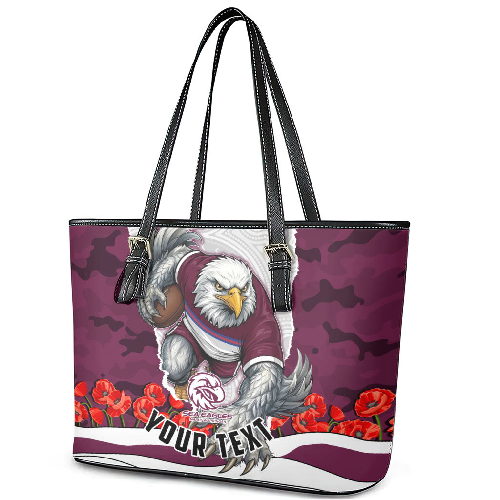 Personalized Sea Eagles ANZAC Tribute Leather Tote Bag Poppy Field Soldier Silhouette Aboriginal Rugby Mascot
