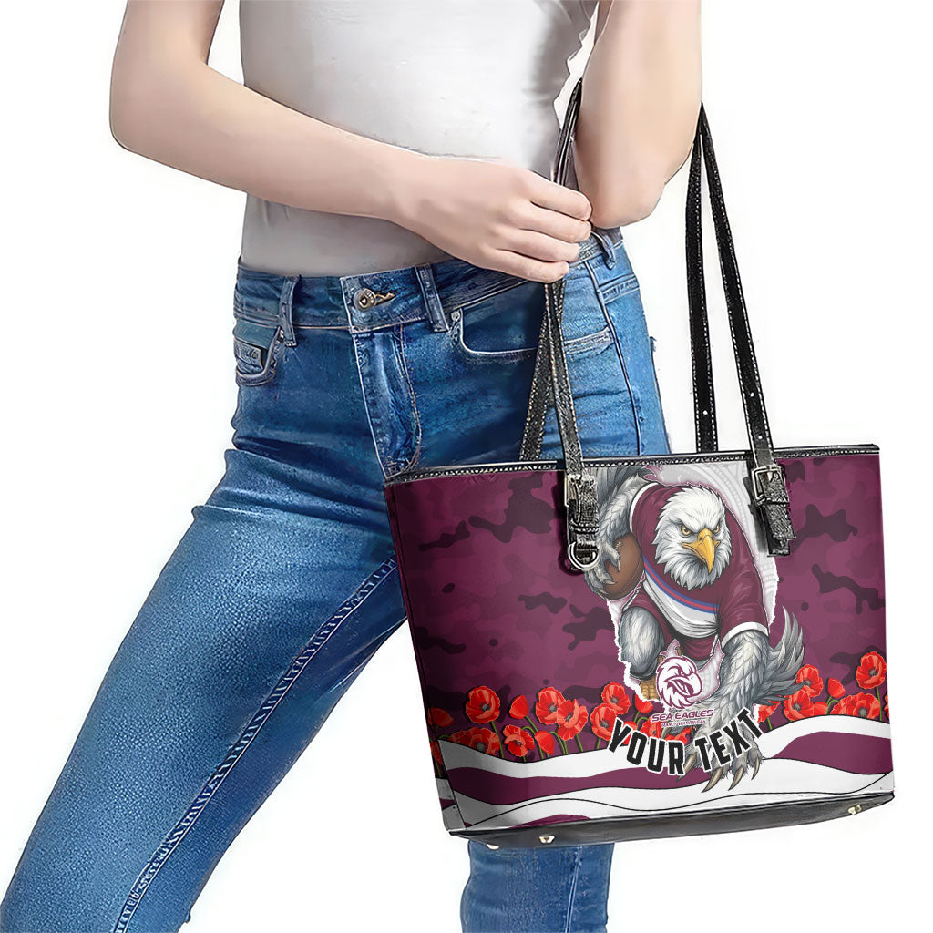 Personalized Sea Eagles ANZAC Tribute Leather Tote Bag Poppy Field Soldier Silhouette Aboriginal Rugby Mascot