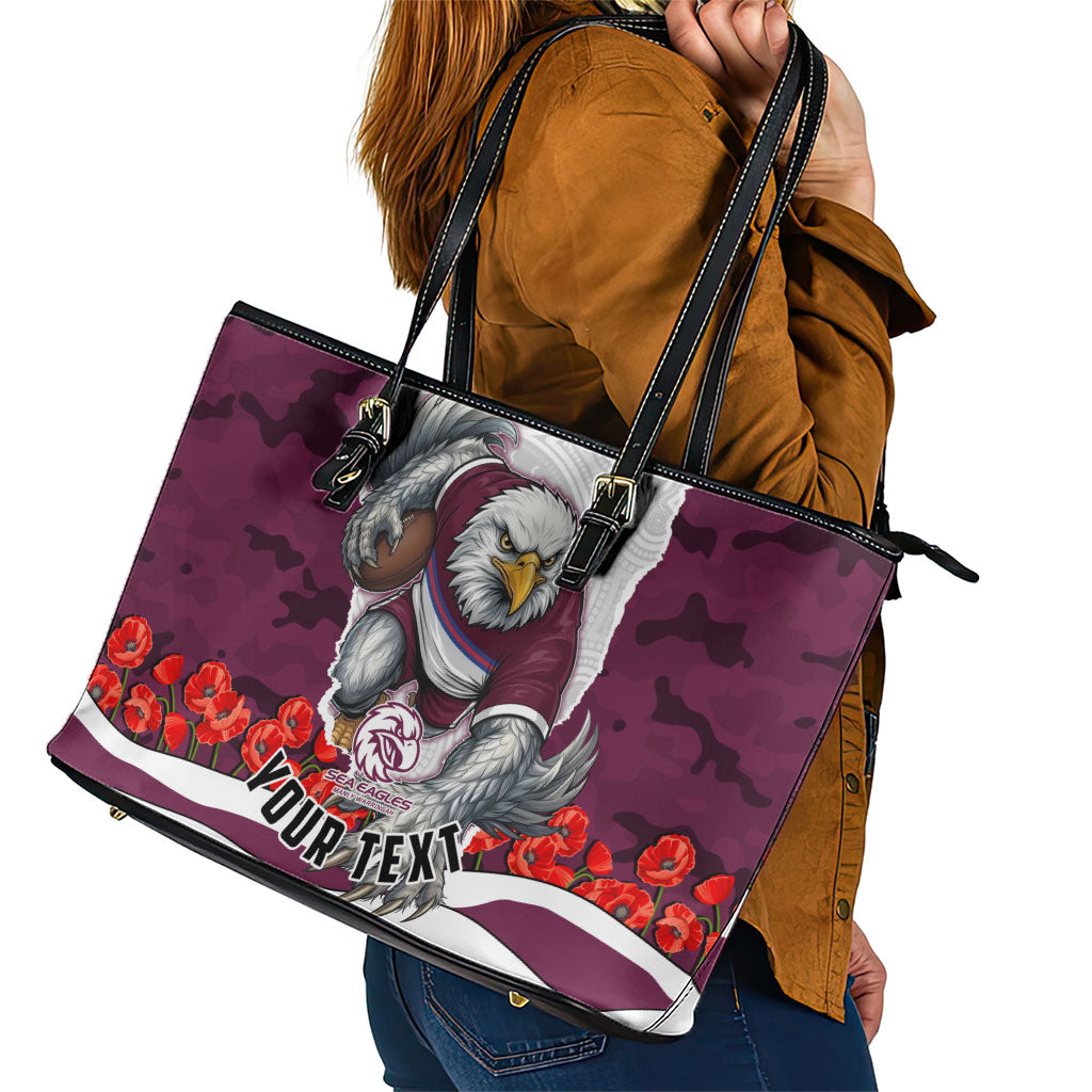 Personalized Sea Eagles ANZAC Tribute Leather Tote Bag Poppy Field Soldier Silhouette Aboriginal Rugby Mascot