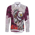 Personalized Sea Eagles ANZAC Tribute Long Sleeve Button Shirt Poppy Field Soldier Silhouette Aboriginal Rugby Mascot