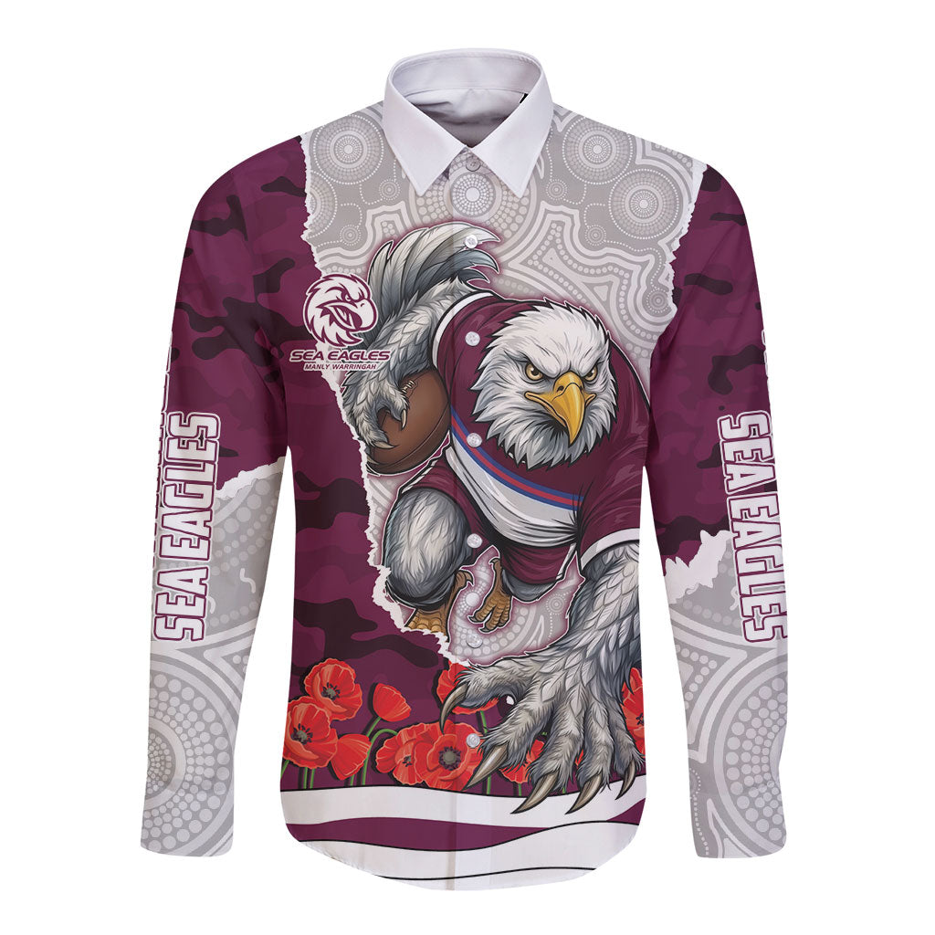 Personalized Sea Eagles ANZAC Tribute Long Sleeve Button Shirt Poppy Field Soldier Silhouette Aboriginal Rugby Mascot