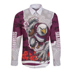 Personalized Sea Eagles ANZAC Tribute Long Sleeve Button Shirt Poppy Field Soldier Silhouette Aboriginal Rugby Mascot