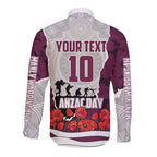 Personalized Sea Eagles ANZAC Tribute Long Sleeve Button Shirt Poppy Field Soldier Silhouette Aboriginal Rugby Mascot