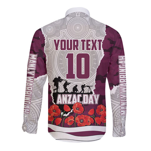 Personalized Sea Eagles ANZAC Tribute Long Sleeve Button Shirt Poppy Field Soldier Silhouette Aboriginal Rugby Mascot
