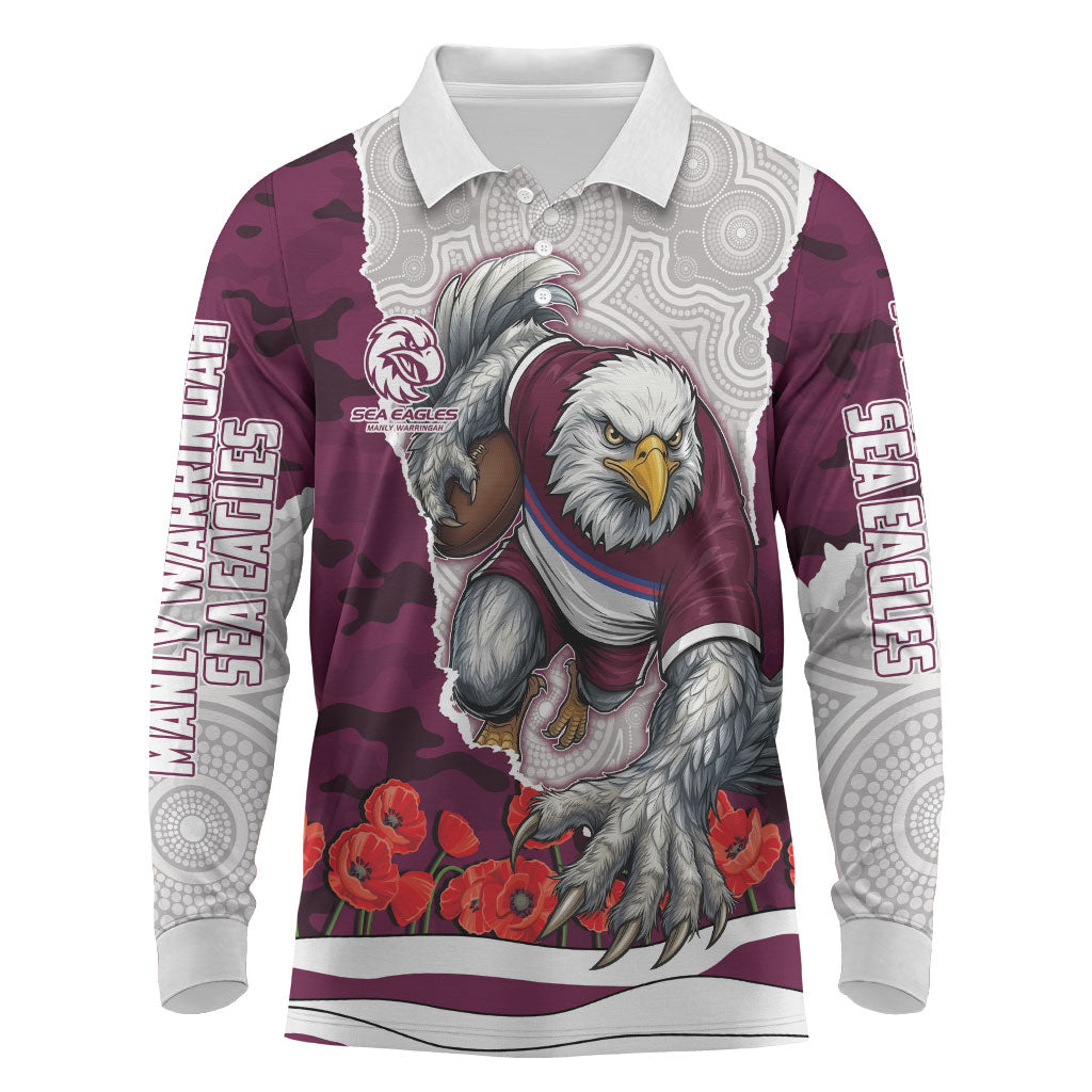 Personalized Sea Eagles ANZAC Tribute Long Sleeve Polo Shirt Poppy Field Soldier Silhouette Aboriginal Rugby Mascot
