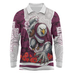 Personalized Sea Eagles ANZAC Tribute Long Sleeve Polo Shirt Poppy Field Soldier Silhouette Aboriginal Rugby Mascot