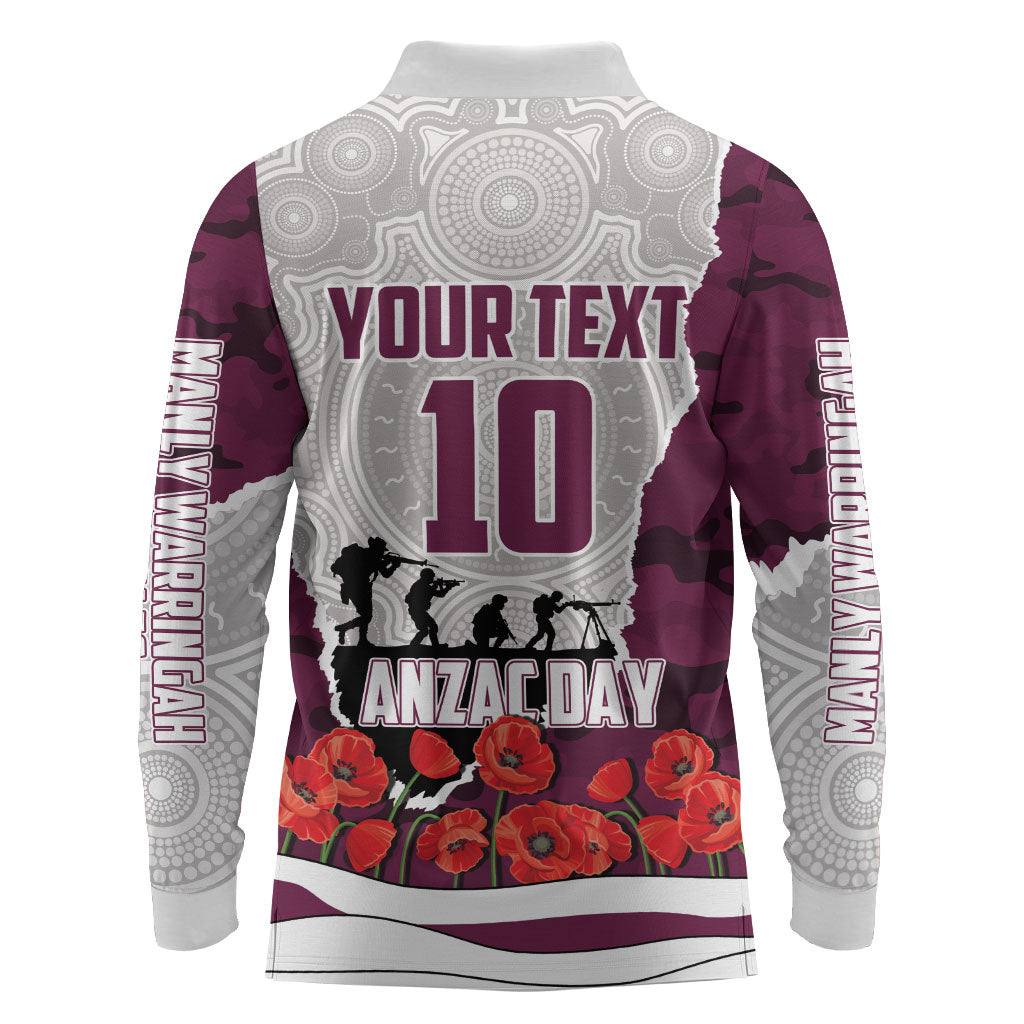 Personalized Sea Eagles ANZAC Tribute Long Sleeve Polo Shirt Poppy Field Soldier Silhouette Aboriginal Rugby Mascot
