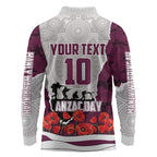 Personalized Sea Eagles ANZAC Tribute Long Sleeve Polo Shirt Poppy Field Soldier Silhouette Aboriginal Rugby Mascot
