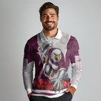 Personalized Sea Eagles ANZAC Tribute Long Sleeve Polo Shirt Poppy Field Soldier Silhouette Aboriginal Rugby Mascot