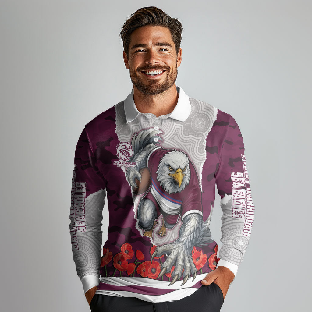 Personalized Sea Eagles ANZAC Tribute Long Sleeve Polo Shirt Poppy Field Soldier Silhouette Aboriginal Rugby Mascot