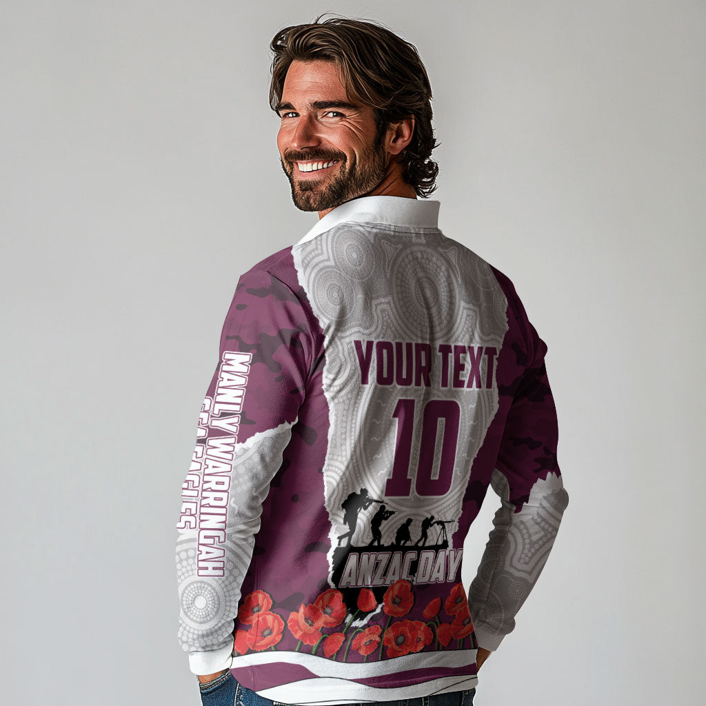 Personalized Sea Eagles ANZAC Tribute Long Sleeve Polo Shirt Poppy Field Soldier Silhouette Aboriginal Rugby Mascot