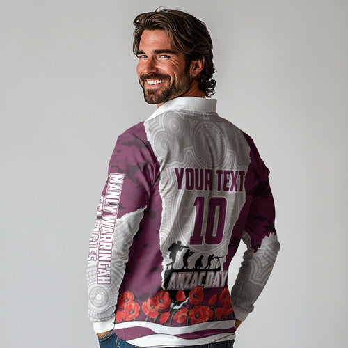 Personalized Sea Eagles ANZAC Tribute Long Sleeve Polo Shirt Poppy Field Soldier Silhouette Aboriginal Rugby Mascot