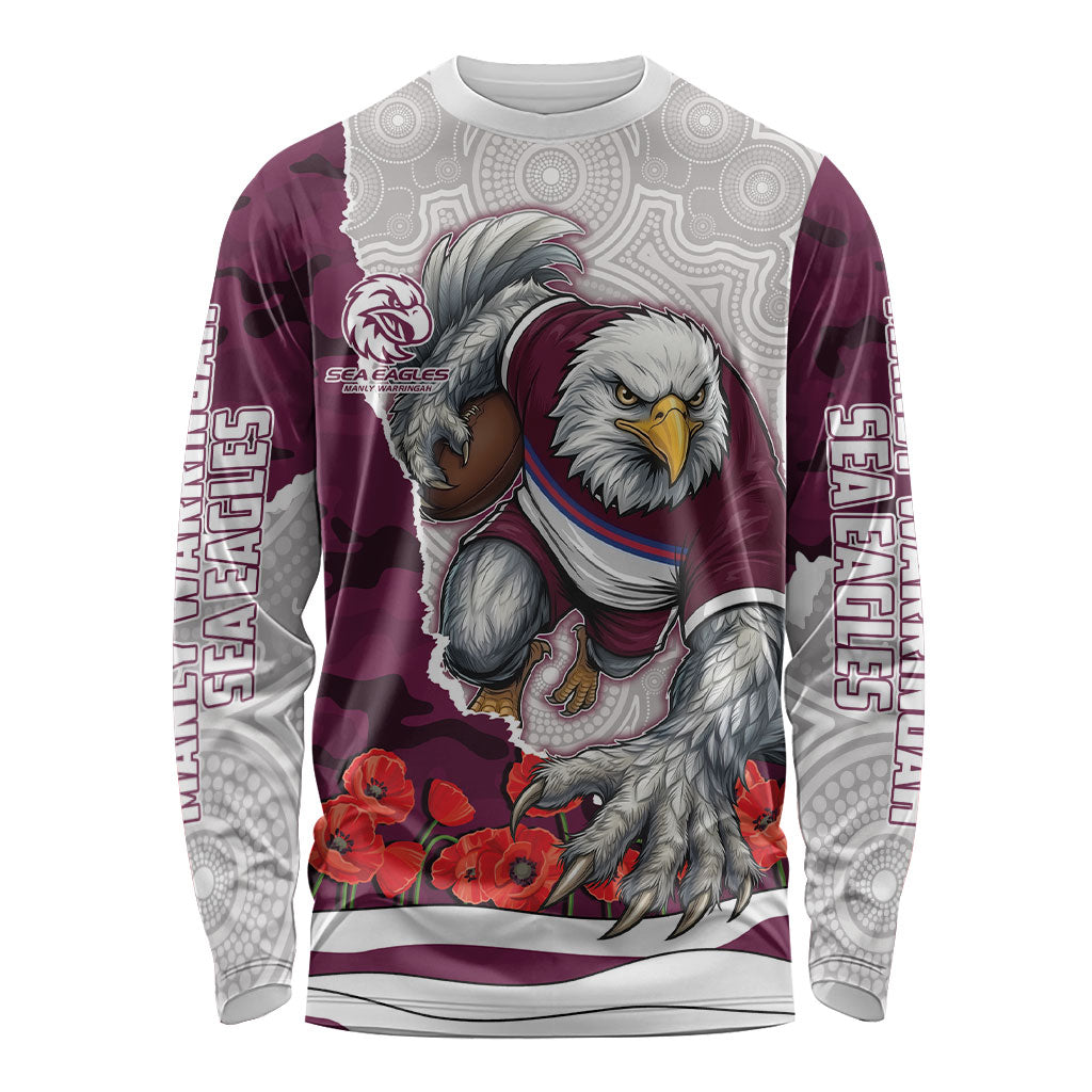 Personalized Sea Eagles ANZAC Tribute Long Sleeve Shirt Poppy Field Soldier Silhouette Aboriginal Rugby Mascot