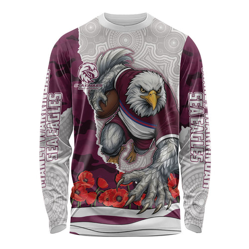 Personalized Sea Eagles ANZAC Tribute Long Sleeve Shirt Poppy Field Soldier Silhouette Aboriginal Rugby Mascot