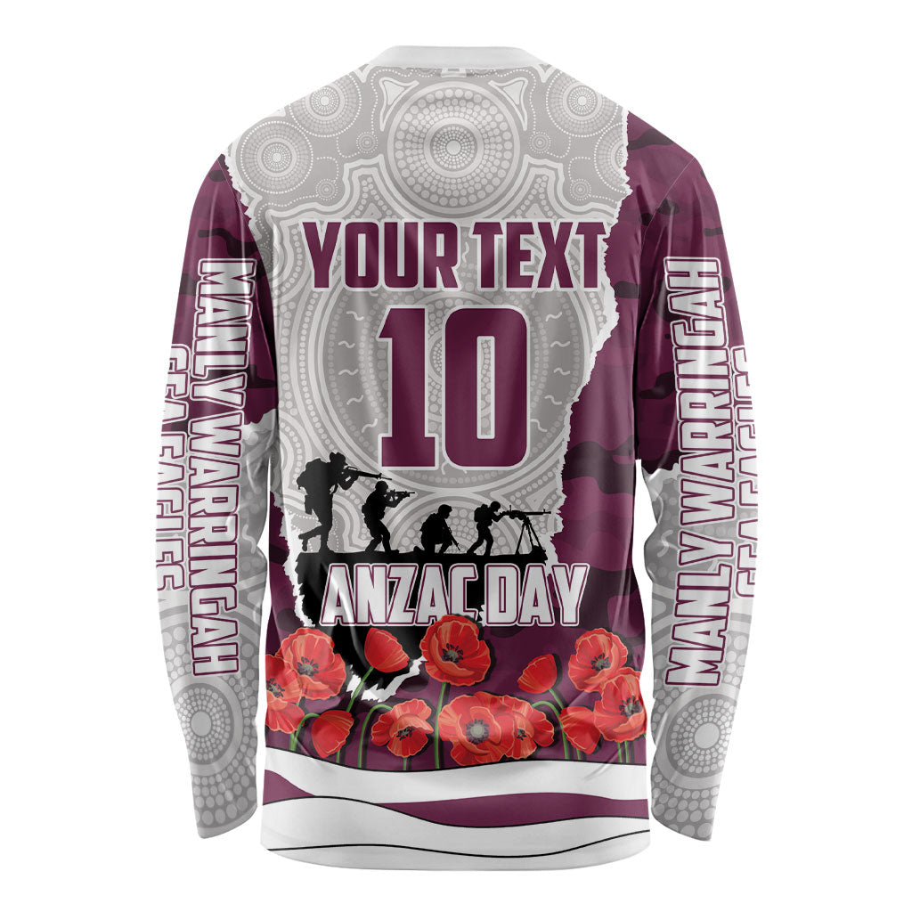 Personalized Sea Eagles ANZAC Tribute Long Sleeve Shirt Poppy Field Soldier Silhouette Aboriginal Rugby Mascot