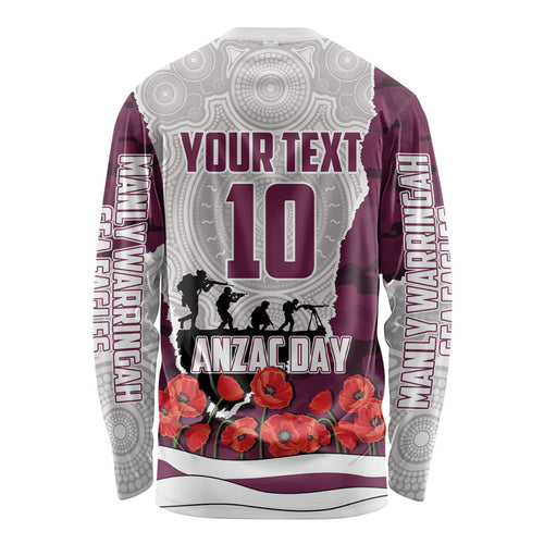 Personalized Sea Eagles ANZAC Tribute Long Sleeve Shirt Poppy Field Soldier Silhouette Aboriginal Rugby Mascot