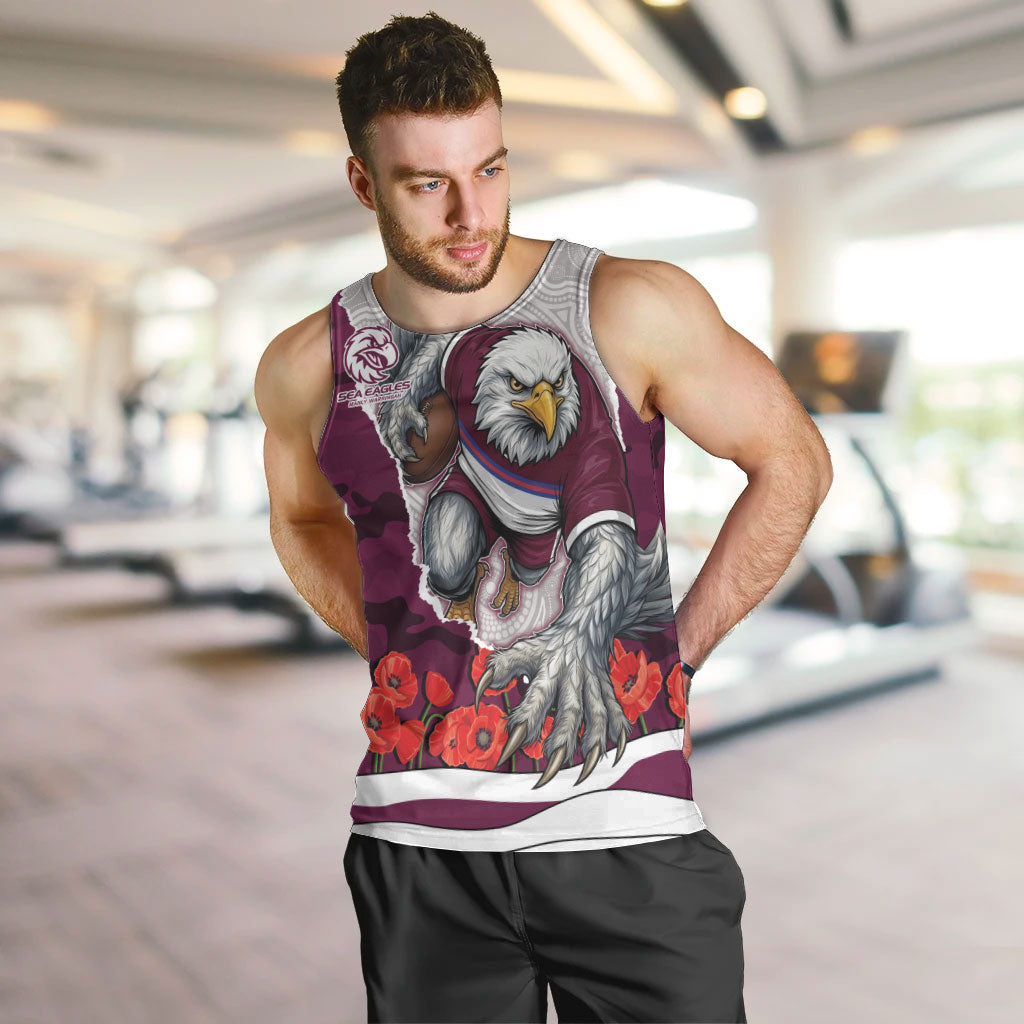 Personalized Sea Eagles ANZAC Tribute Men Tank Top Poppy Field Soldier Silhouette Aboriginal Rugby Mascot