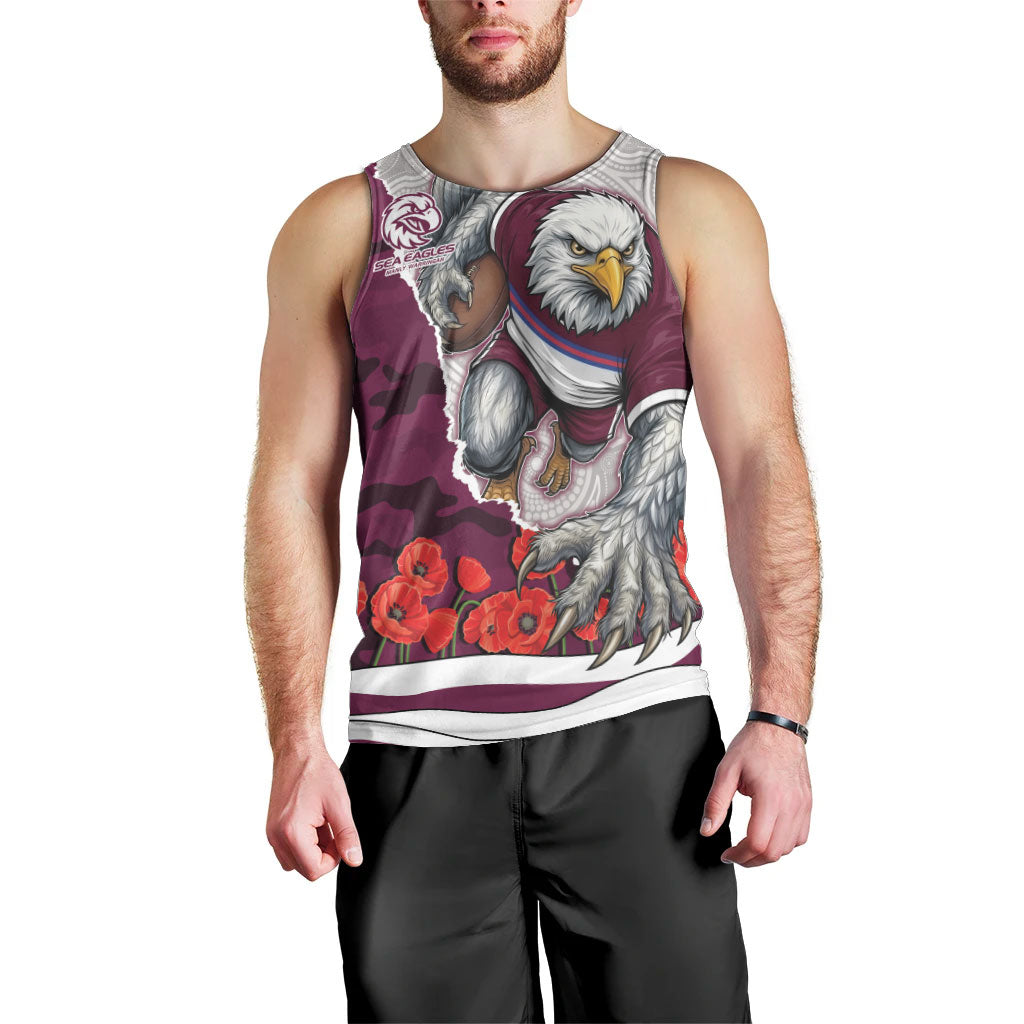 Personalized Sea Eagles ANZAC Tribute Men Tank Top Poppy Field Soldier Silhouette Aboriginal Rugby Mascot