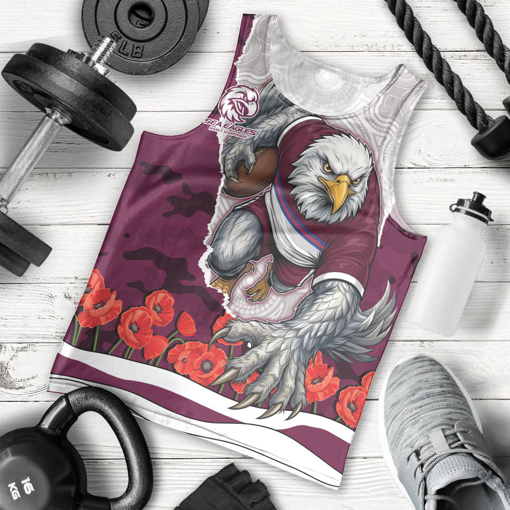 Personalized Sea Eagles ANZAC Tribute Men Tank Top Poppy Field Soldier Silhouette Aboriginal Rugby Mascot