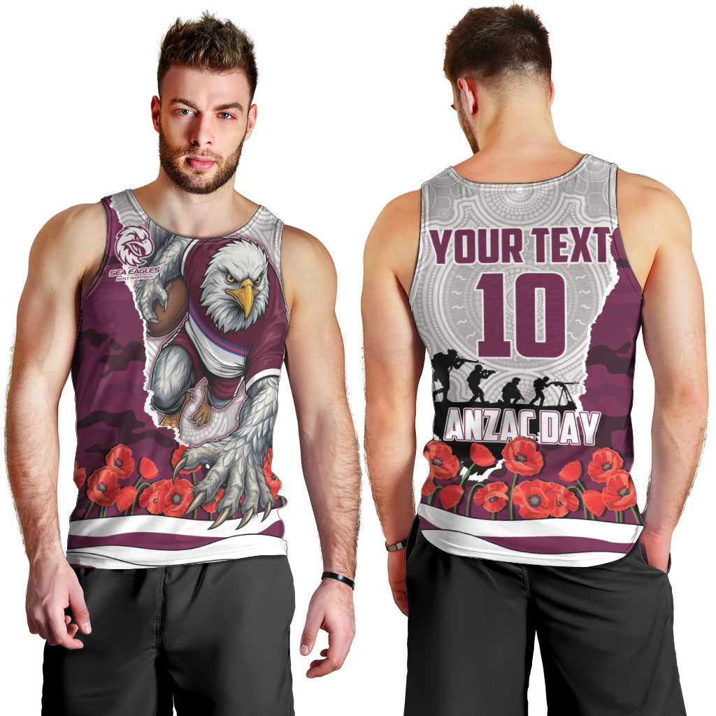 Personalized Sea Eagles ANZAC Tribute Men Tank Top Poppy Field Soldier Silhouette Aboriginal Rugby Mascot