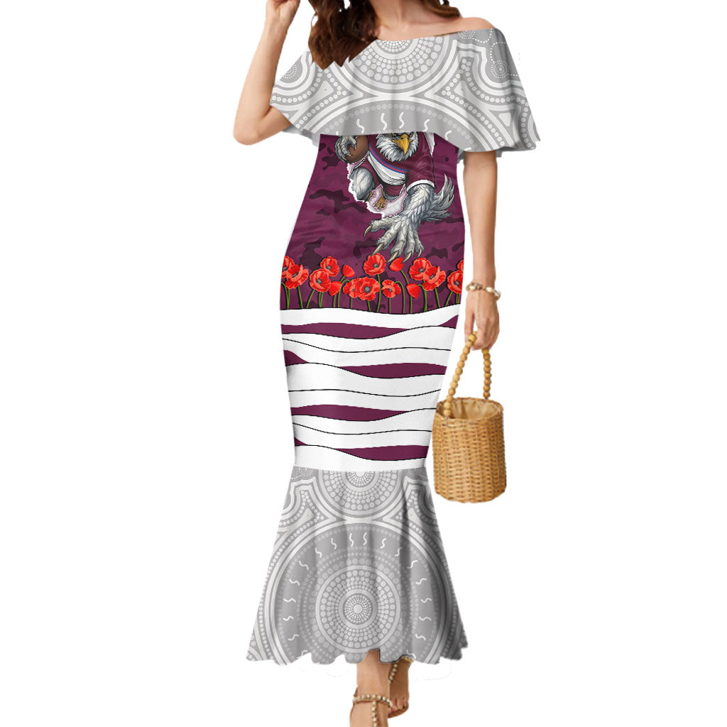 Personalized Sea Eagles ANZAC Tribute Mermaid Dress Poppy Field Soldier Silhouette Aboriginal Rugby Mascot