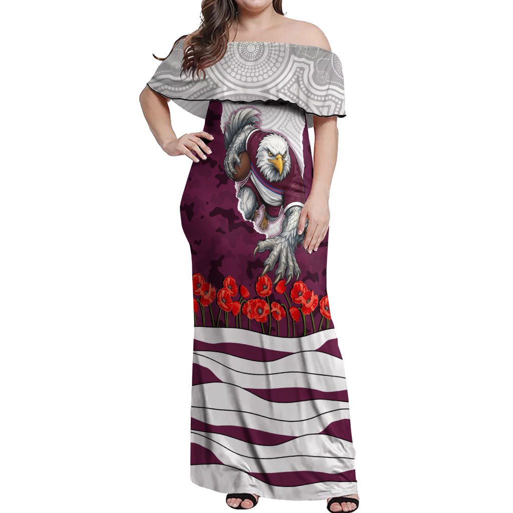 Personalized Sea Eagles ANZAC Tribute Off Shoulder Maxi Dress Poppy Field Soldier Silhouette Aboriginal Rugby Mascot