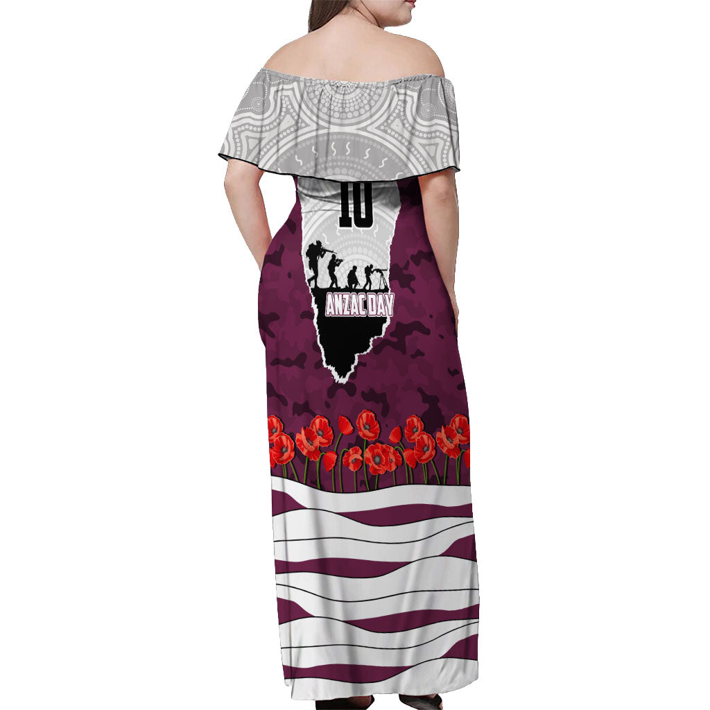 Personalized Sea Eagles ANZAC Tribute Off Shoulder Maxi Dress Poppy Field Soldier Silhouette Aboriginal Rugby Mascot
