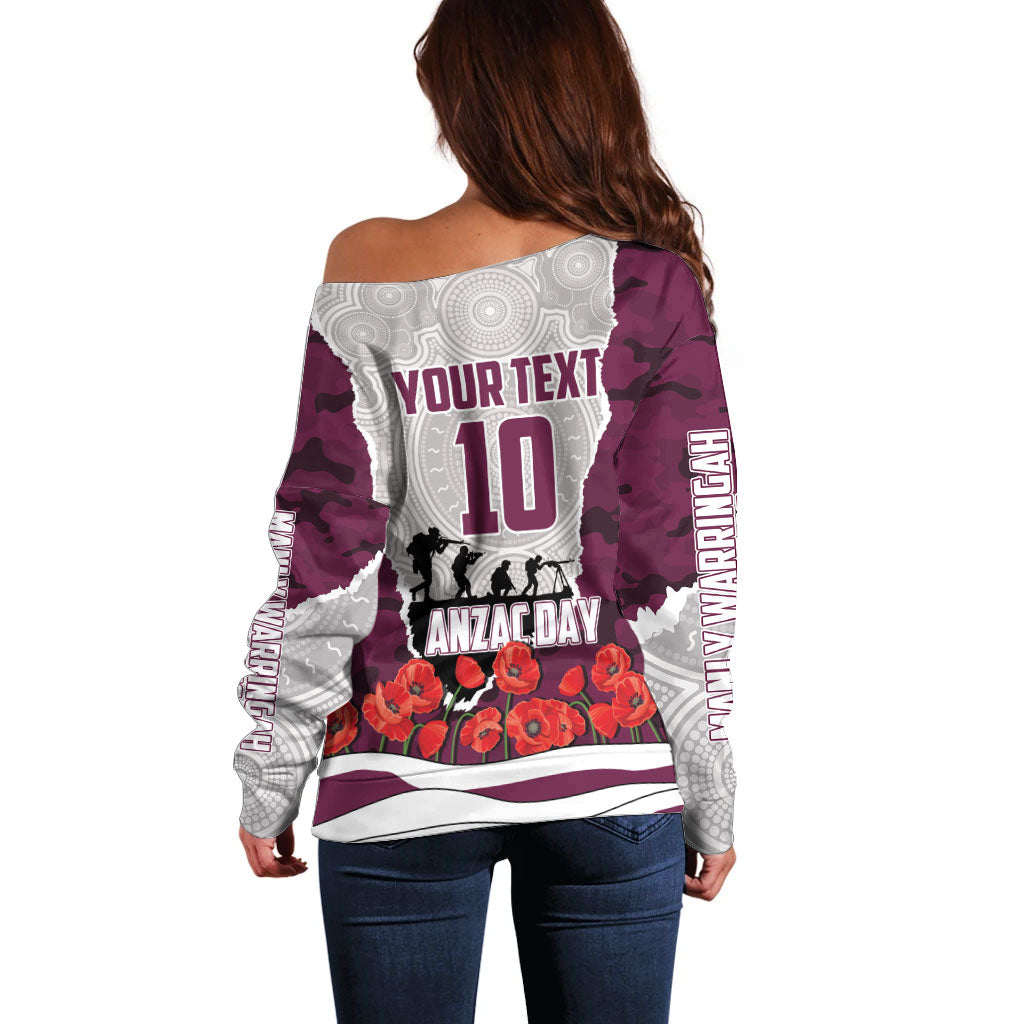 Personalized Sea Eagles ANZAC Tribute Off Shoulder Sweater Poppy Field Soldier Silhouette Aboriginal Rugby Mascot