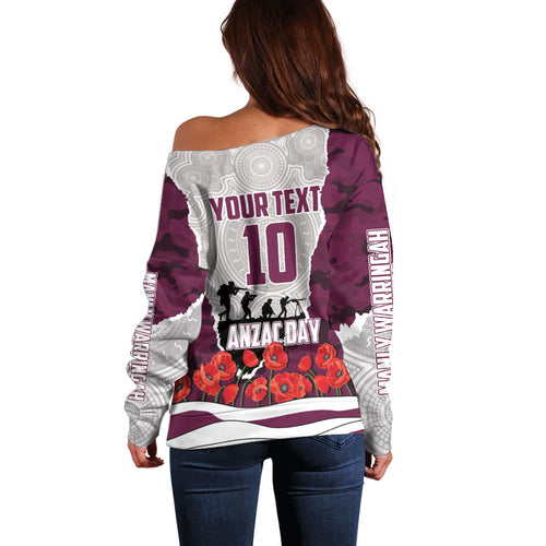 Personalized Sea Eagles ANZAC Tribute Off Shoulder Sweater Poppy Field Soldier Silhouette Aboriginal Rugby Mascot