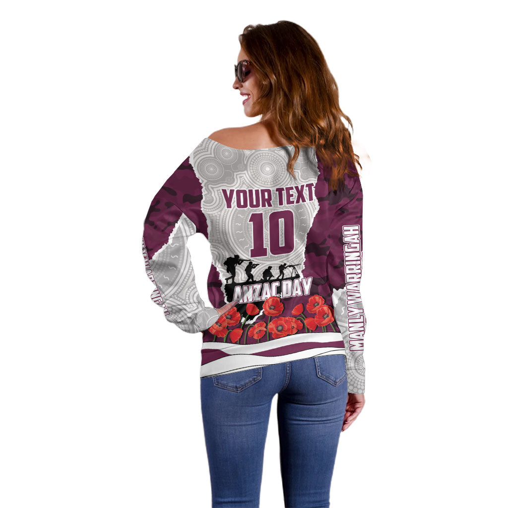 Personalized Sea Eagles ANZAC Tribute Off Shoulder Sweater Poppy Field Soldier Silhouette Aboriginal Rugby Mascot