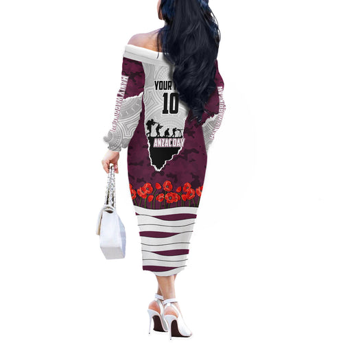 Personalized Sea Eagles ANZAC Tribute Off The Shoulder Long Sleeve Dress Poppy Field Soldier Silhouette Aboriginal Rugby Mascot